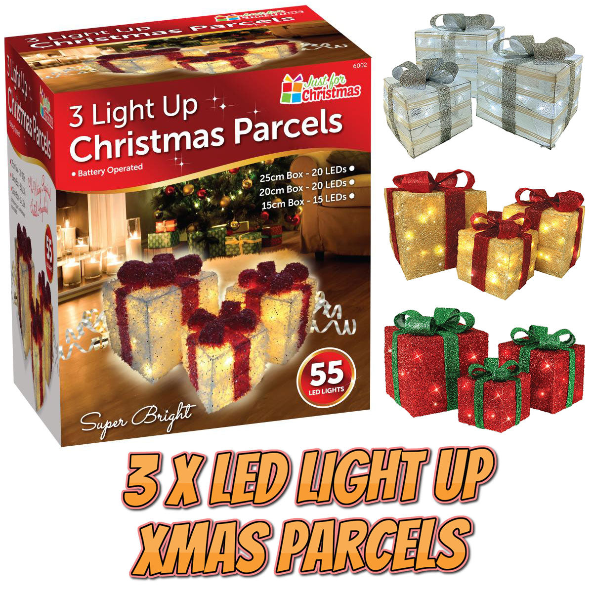Set of 3 Light Up Christmas Present Parcels Decorations for Under the Tree LED Set of 3 Light Up Christmas Present Parcels Decorations for Under the Tree LED